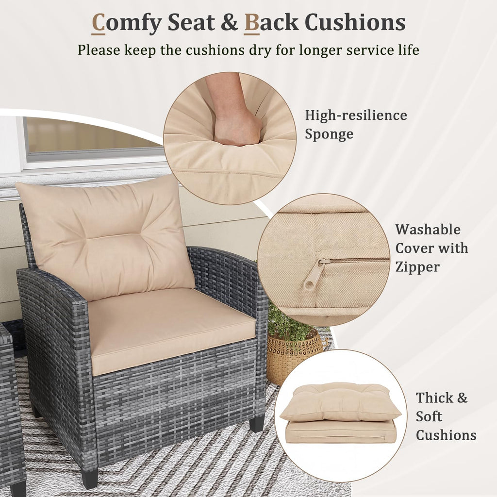 3 Piece Patio Furniture Set, Outdoor PE Rattan Conversation Set with Washable Cushions & Tempered Glass Tabletop