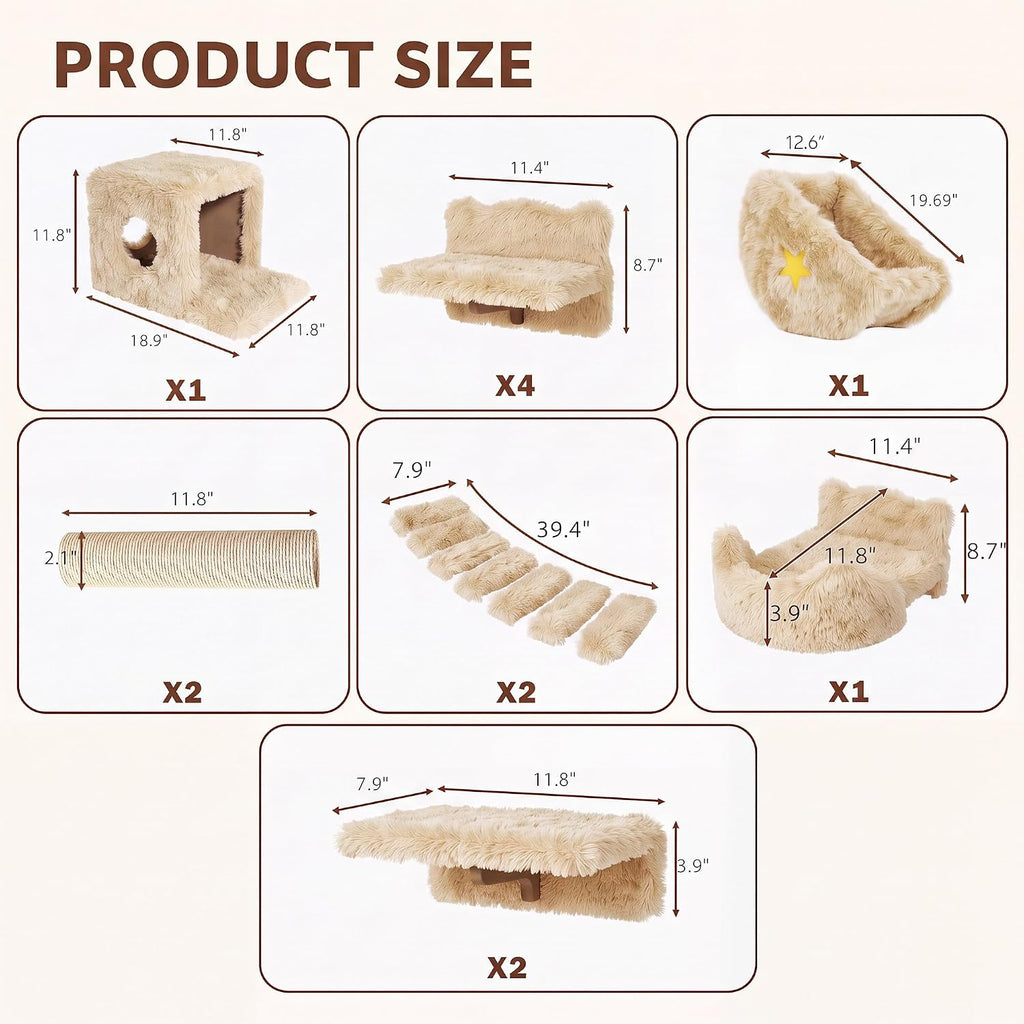 Cat Wall Furniture, 13 in 1 Moon & Bridge Cat Wall Shelves, Beige