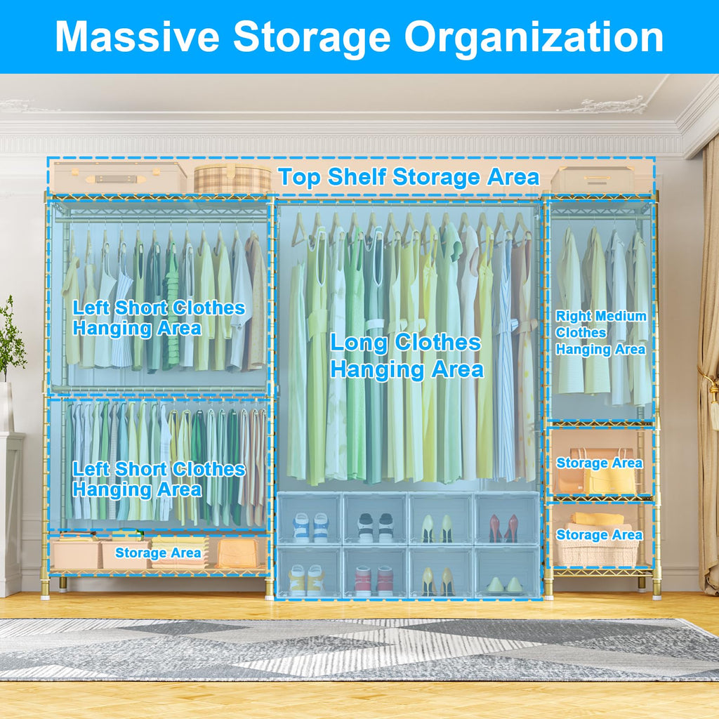 E10 Clothes Rack(With Stretchable Hanger Rod)Freestanding Clothing Racks for Hanging Clothes,Adjustable Closet