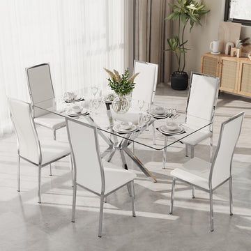 Modern Rectangular Glass Dining Table Set of 6, 47'' Minimalism Kitchen Table with 6 White Silver PU Leather High