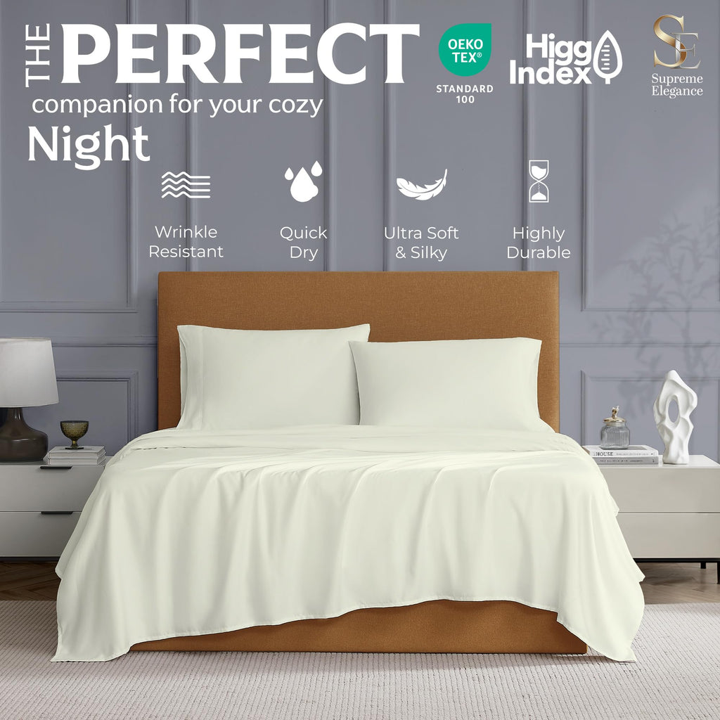 Sateen Queen Bed Sheets Set 600 Thread Count, Fresh Ivory