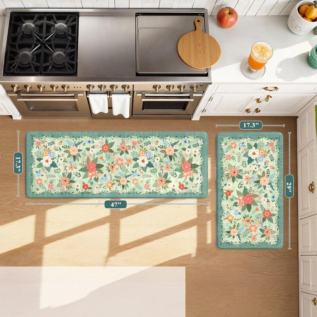 Anti Fatigue Mats Floor Green Farmhouse Kitchen Rugs | 17"x47"+17"x29" Kitchen Rugs Sets of 2 Cushioned Kitchen Floor
