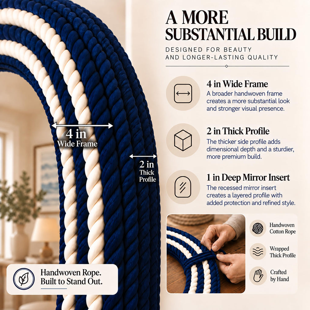 30" Navy Stripe Round Wall Mirror, Handwoven Cotton Rope Frame
