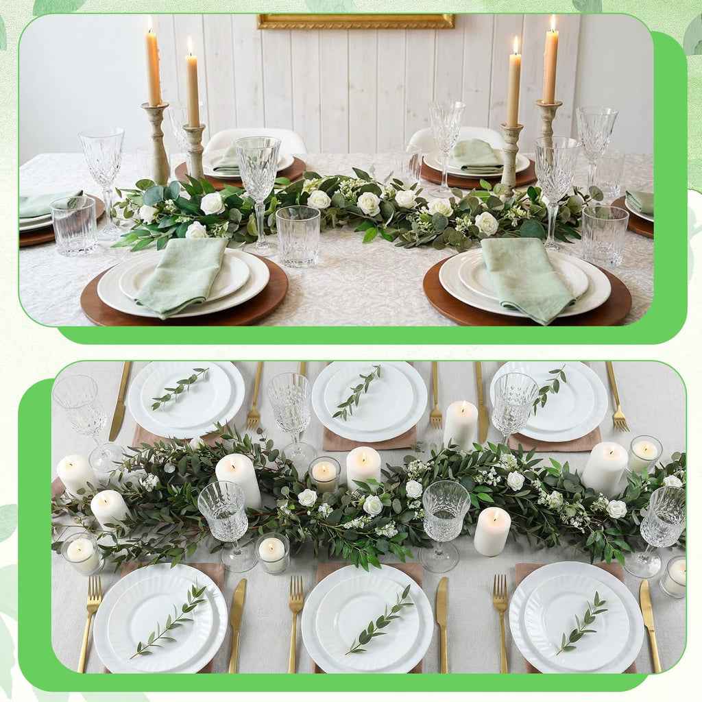 2 Pack Garland Set, 6 ft Artificial White Rose Eucalyptus Garland