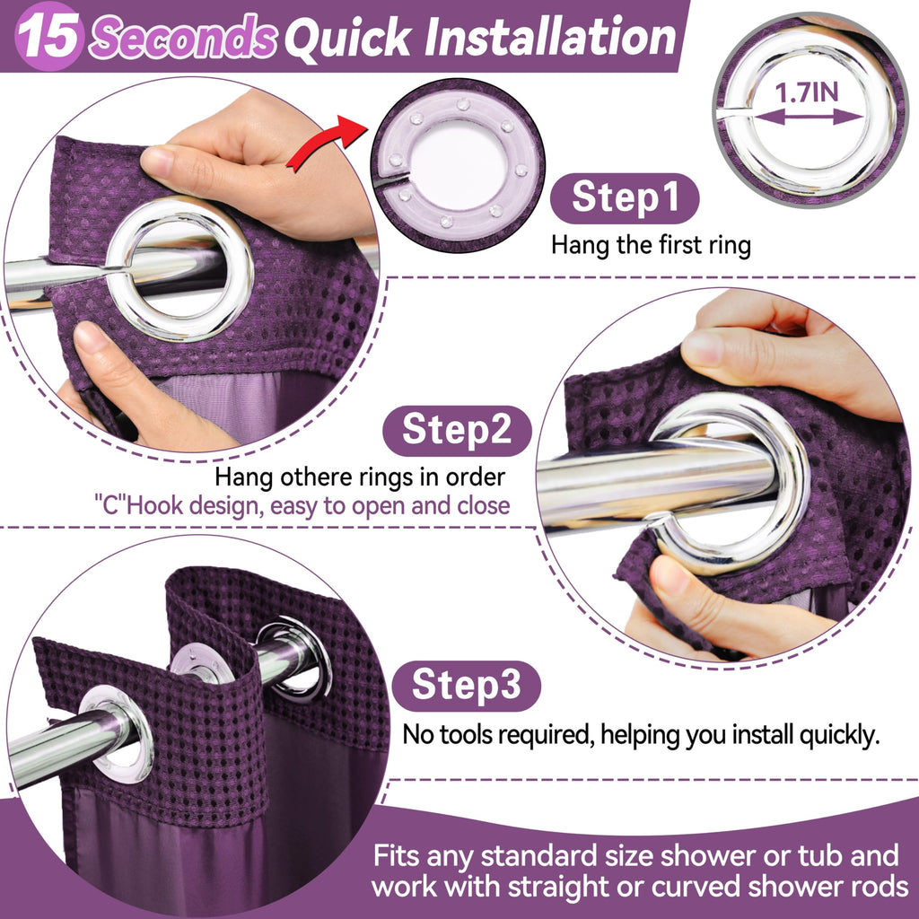 Extra Long No Hook Waffle Weave Shower Curtain with Snap in Liner Set, Hotel Luxury Purple Shower Curtains with See