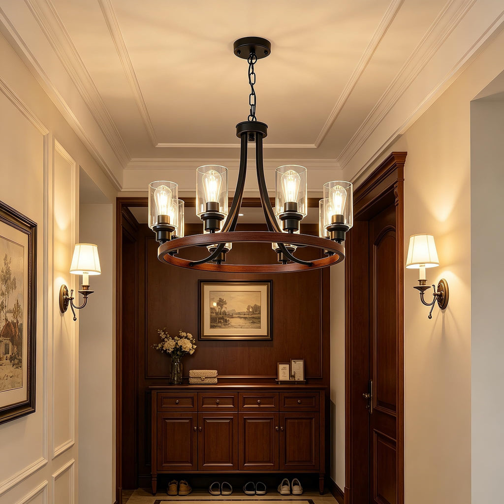 Farmhouse Chandelier, 8-Light Round Rustic Ceiling Light, Faux Wood & Black Metal Hanging Chandelier, Adjustable