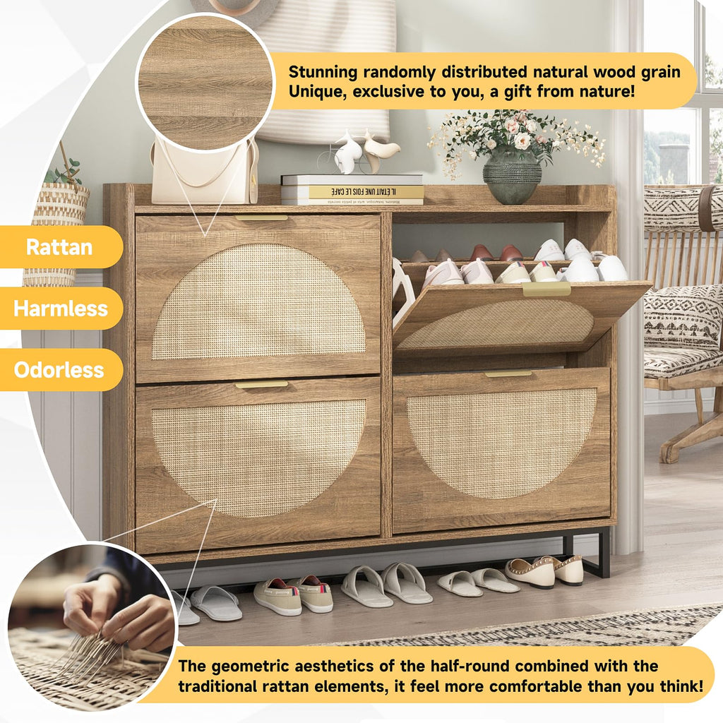 Large Rattan Shoe Storage Cabinet with 4 Flip Drawers, Freestanding Shoe Organizer with Metal Legs, Hidden Golden