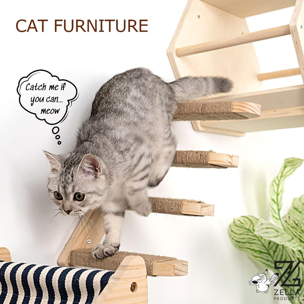 3-Piece Cat Wall Furniture Set: Hammock, Hexagon House & Climbing Steps, Wall-Mounted Wooden Shelves for Indoor Cats