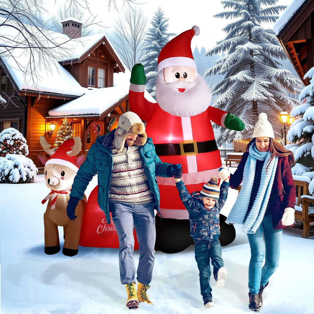 7Ft Christmas Inflatable Santa Clau Built-in LED Lights, Outdoor Decoration Santa with Reindeer and Christmas Ball