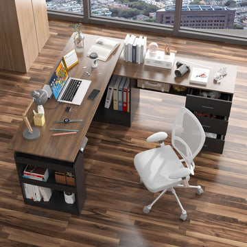 Electric Standing Desk with Drawers and Shelves, Executive Adjustable Height Stand Up Desk, L-Shaped Design, 63 inch