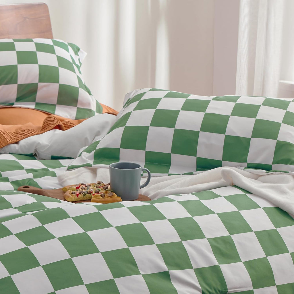 Twin/Twin XL Comforter Set - Twin Extra Long Comforter Set, Checkered Dorm Bedding for Boys, 2 Pieces, 1 Soft Green
