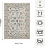 5x7 Washable Floral Boho Area Rug, Low Pile Non-Slip Carpet for Living Room Bedroom Grey