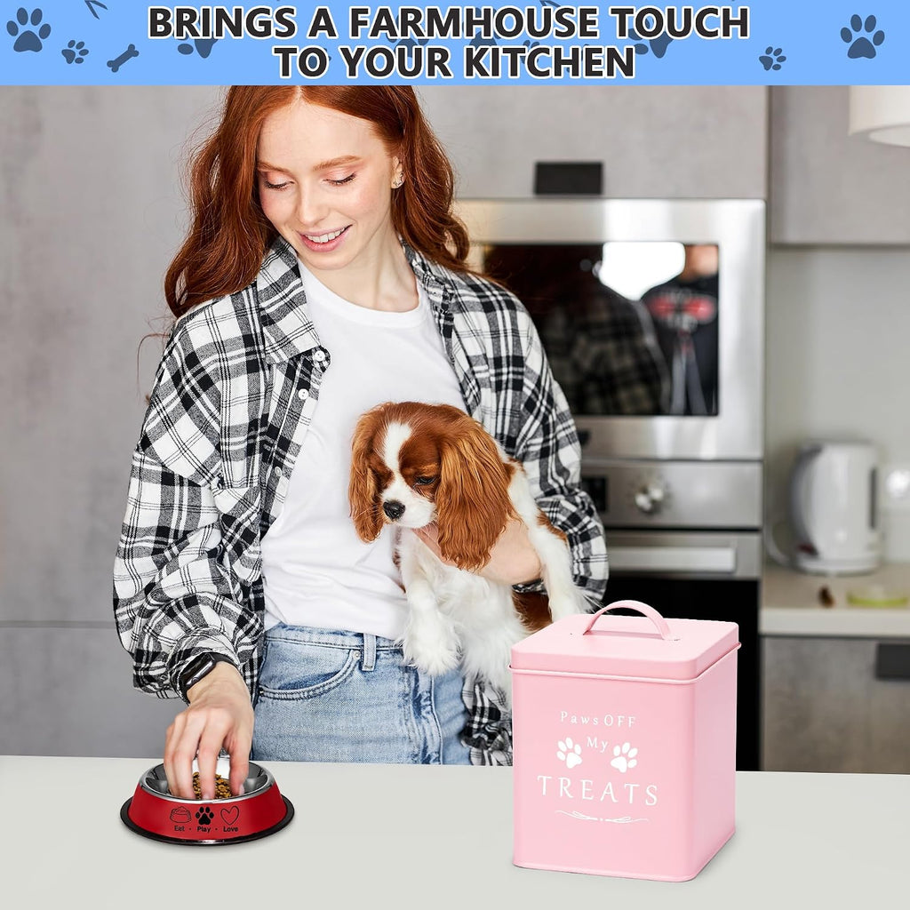 Small Dog Food Container and Dog Treats Container - Tight Lids - Feed Scoop and Pet Food Bowl - Farmhouse Metal