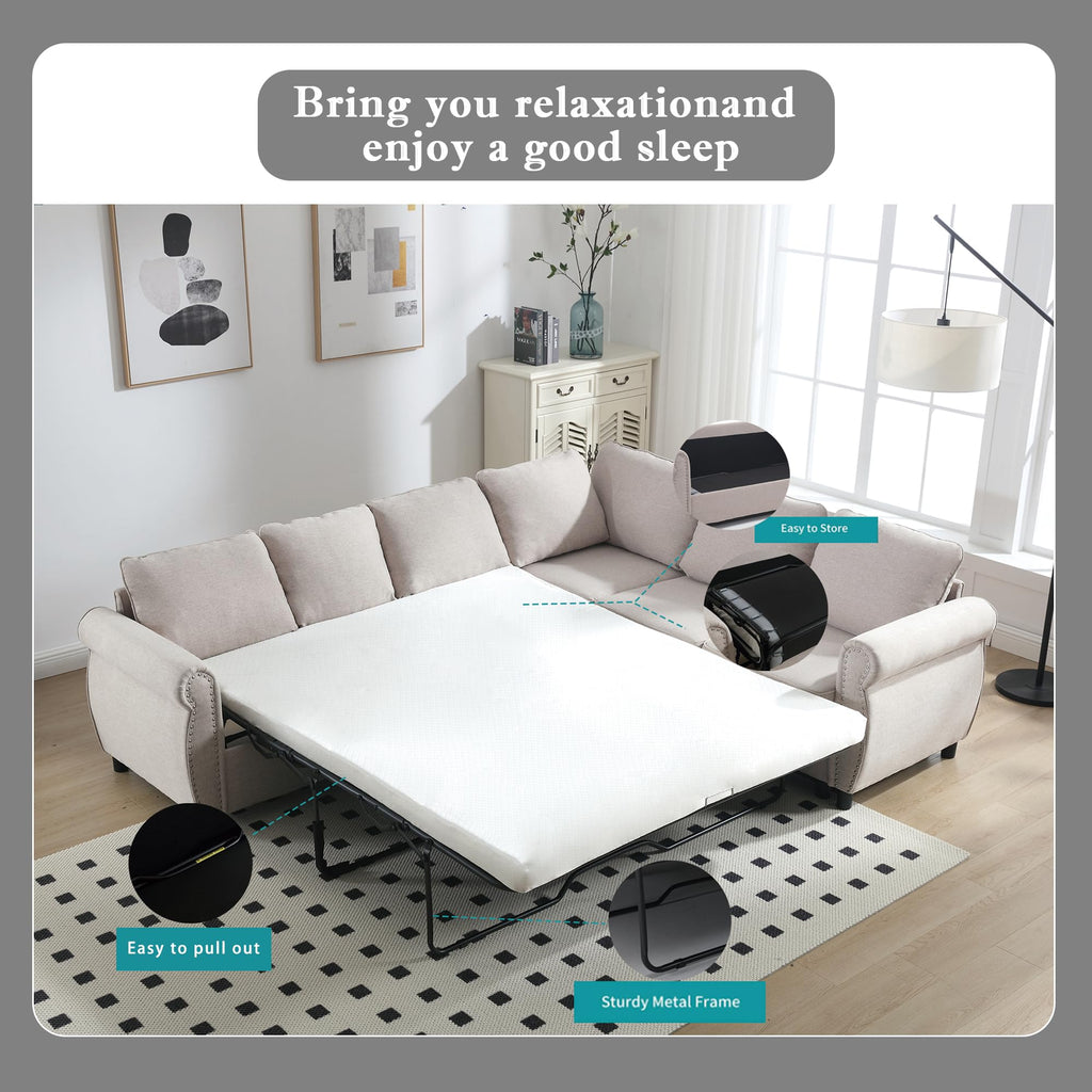 104" Sectional Sleeper Sofa Queen, L Shaped Couch with Pull Out Bed, Beige
