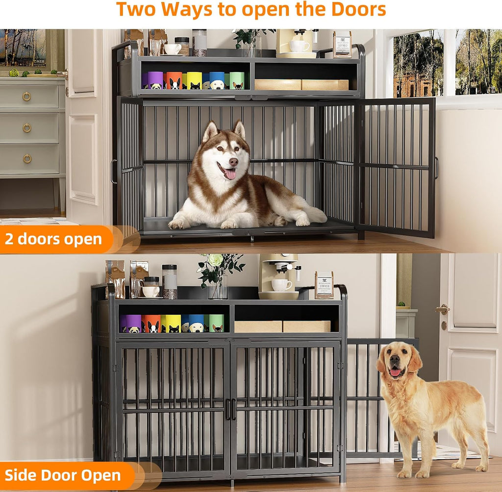 Large Dog Crate Furniture with Drawers Storage, Puppy Dog Kennel Indoor with Double Doors, Heavy Duty Wooden Dog Cage