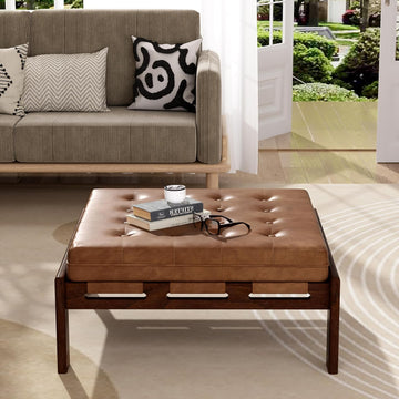 Yorick Modern Square Faux Leather Upholstered Living Room Cocktail Ottoman/Coffee Table, Rubberwood Frame, Tufted