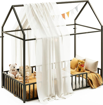 Floor Bed with Roof and Fence Guardrails, Black