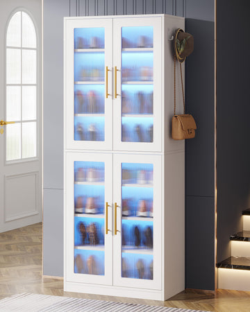 Tall Shoe Storage Cabinet with Acrylic Doors and LED Lights, 8-Tier Entryway Shoe Organizer Rack with Adjustable