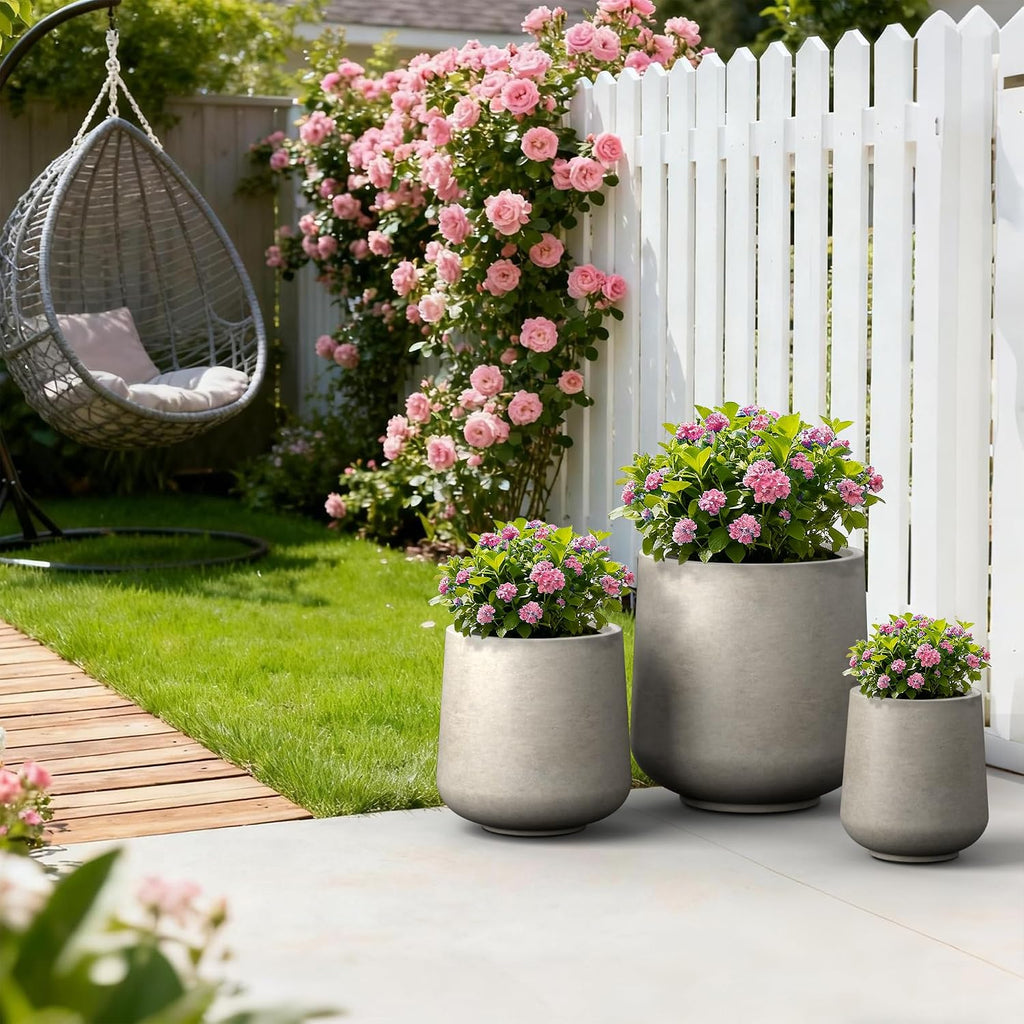Set of 3 Weathered Concrete Curved Round Planters for Modern Home | Handcrafted, Premium, Durable, All-Weather Cement