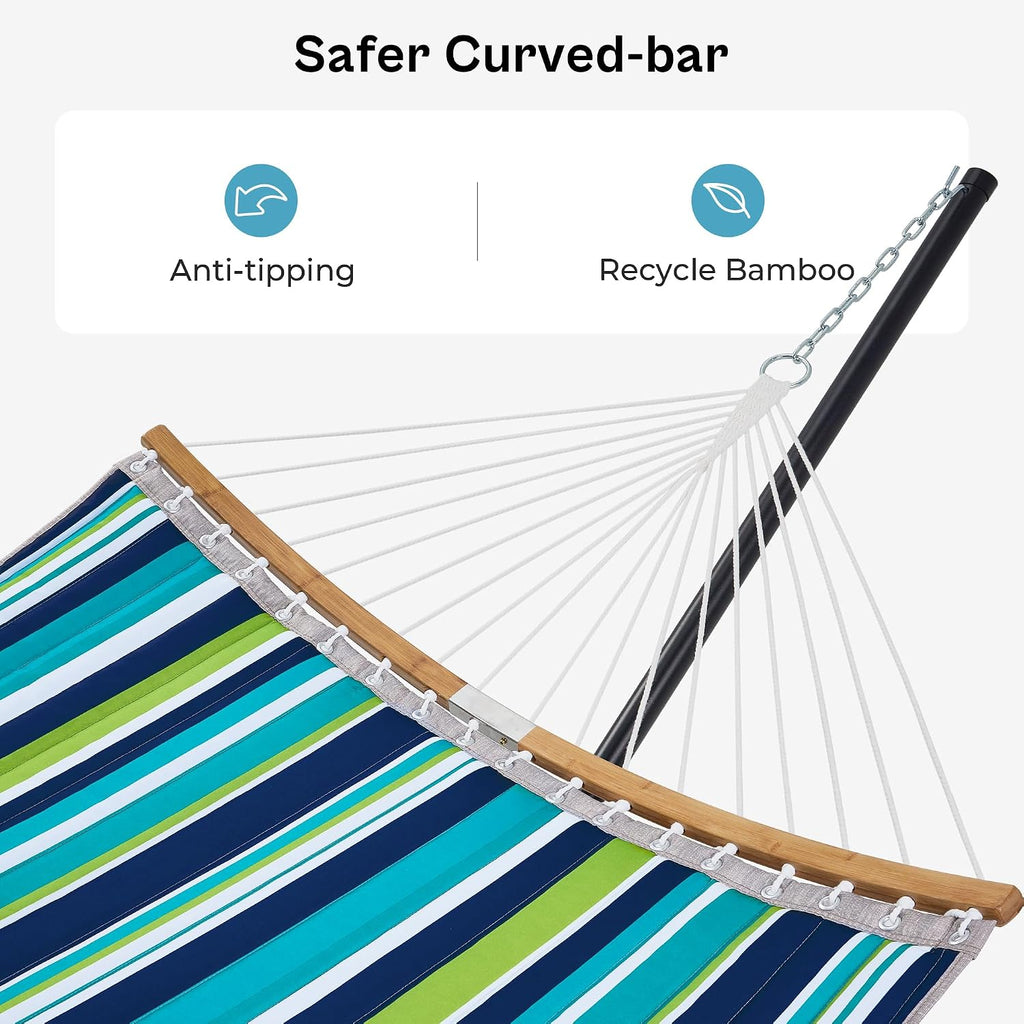 Hammock with Stand, 2 Person Heavy Duty Hammock with Padded Cotton, Detachable Pillow & Strong Curved-Bar & Portable