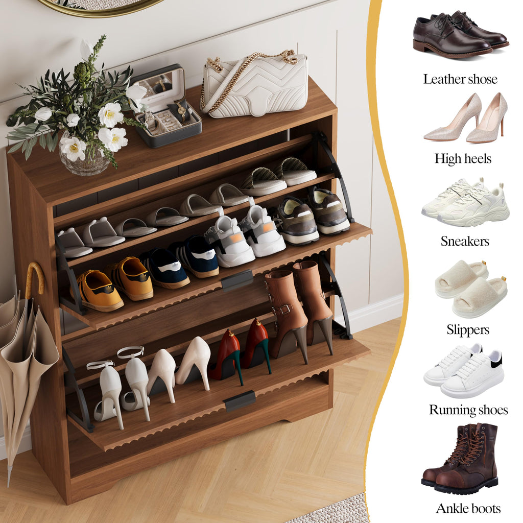 Shoe Cabinet Storage with 2 Flip Drawers, Walnut Fluted Shoe Cabinet with Open Storage, Wooden Hidden Shoe Rack