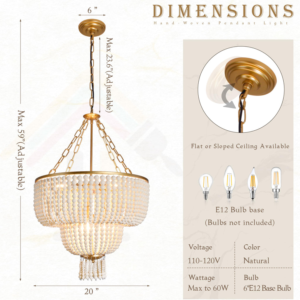 6-Light 20 Inch Boho Light Fixtures Ceiling Natural Wood Beaded Chandelier Boho Light Fixture Bohemia Wood Beaded
