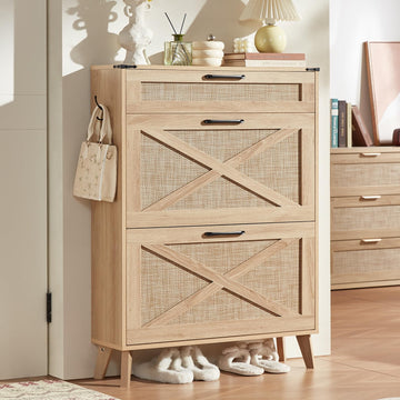Rattan Shoe Cabinet Storage With 2 Flip Drawers