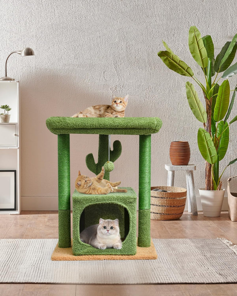 27" Cactus Cat Tree for Indoor Cats, Green Modern Activity Tower