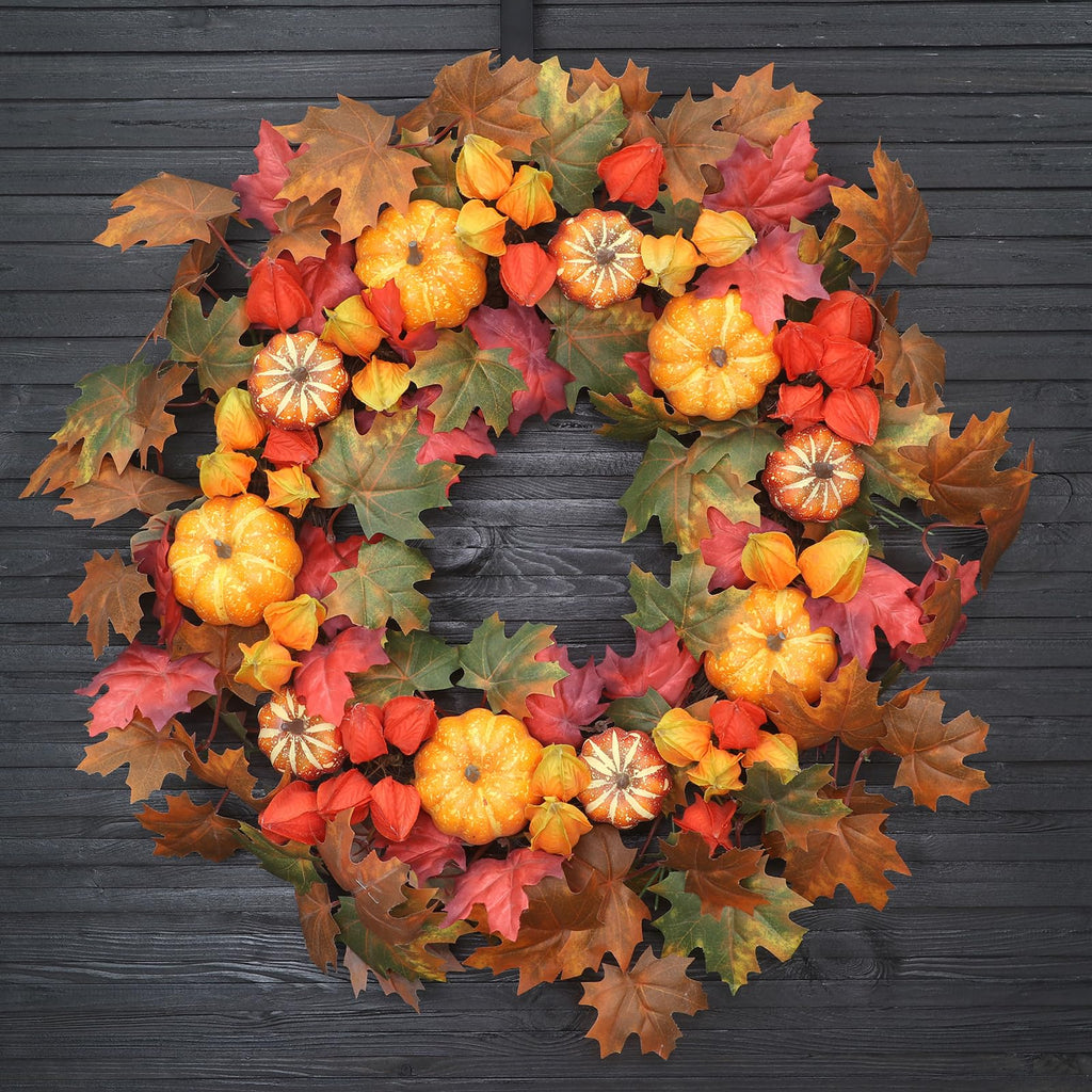 Thanksgiving Fall Wreath for Front Door 24 Inch Pumpkins Autumn Wreaths