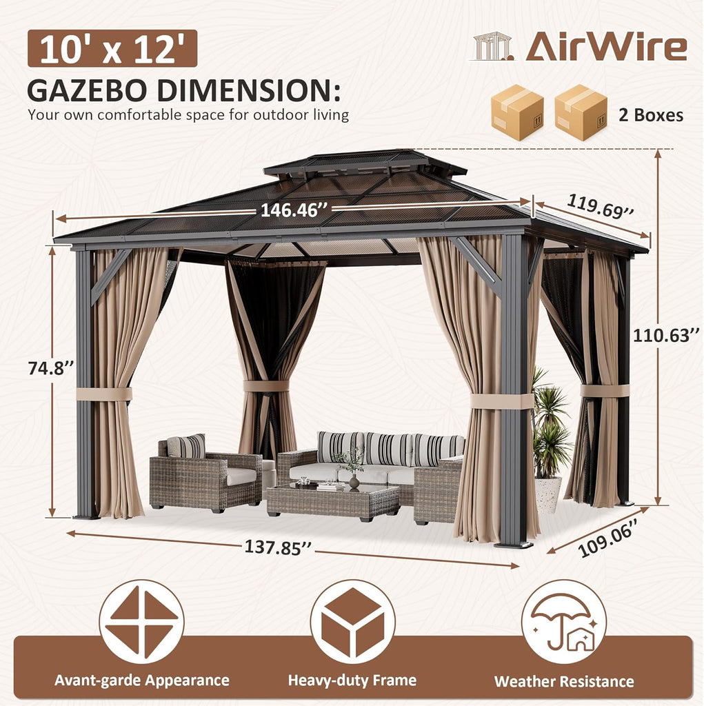 10'x12' Aluminum Polycarbonate Roof Gazebo Brown | Outdoor Hardtop Pergola with Aluminum Frame, Curtains and Netting