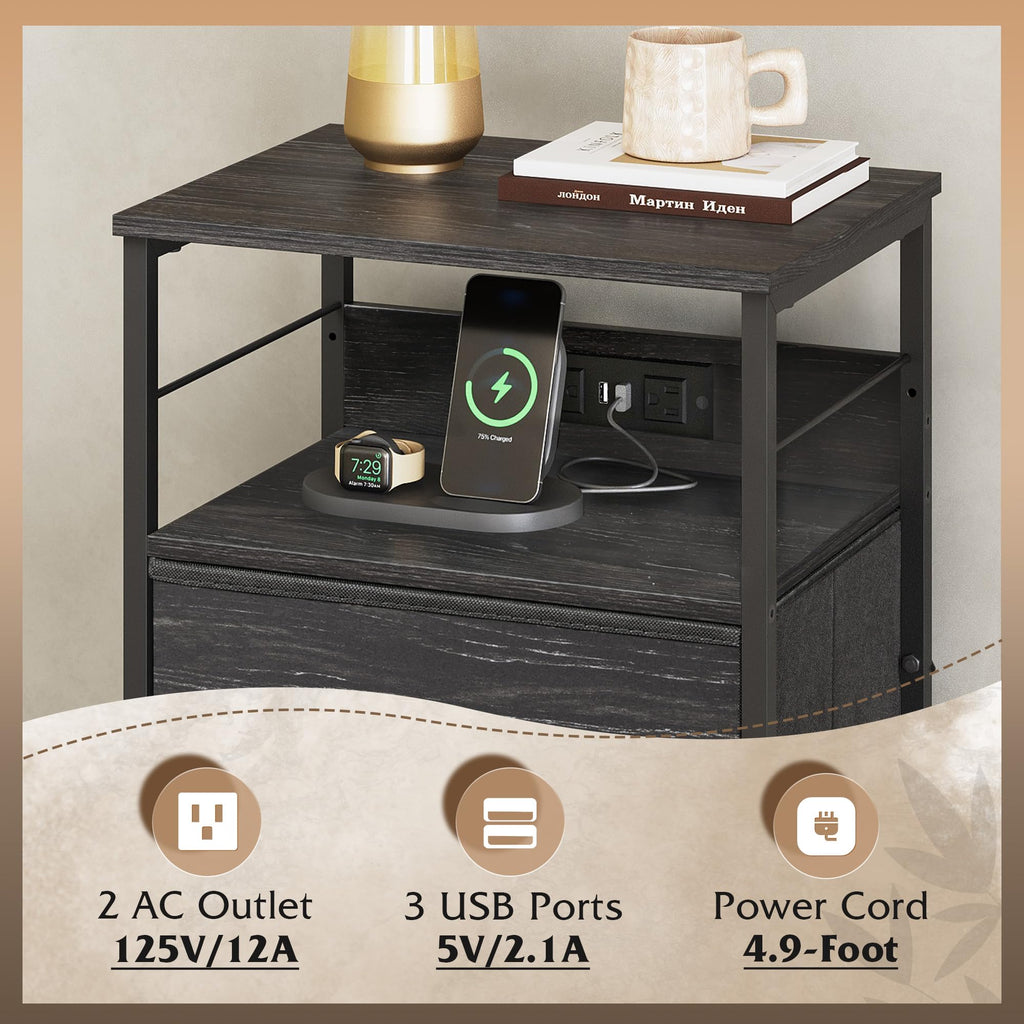 Night Stand with Charging Station, Charcoal Black Tall Bedside Table