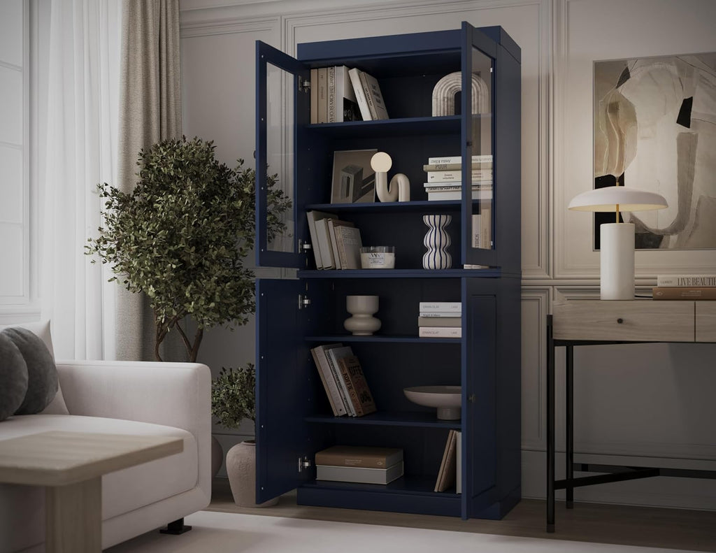 Solid Wood Bookcase - 6-Tier Bookshelf, 71.5" H x 32" W - Navy Blue, Clear Glass Doors & Storage Cabinet, Tall