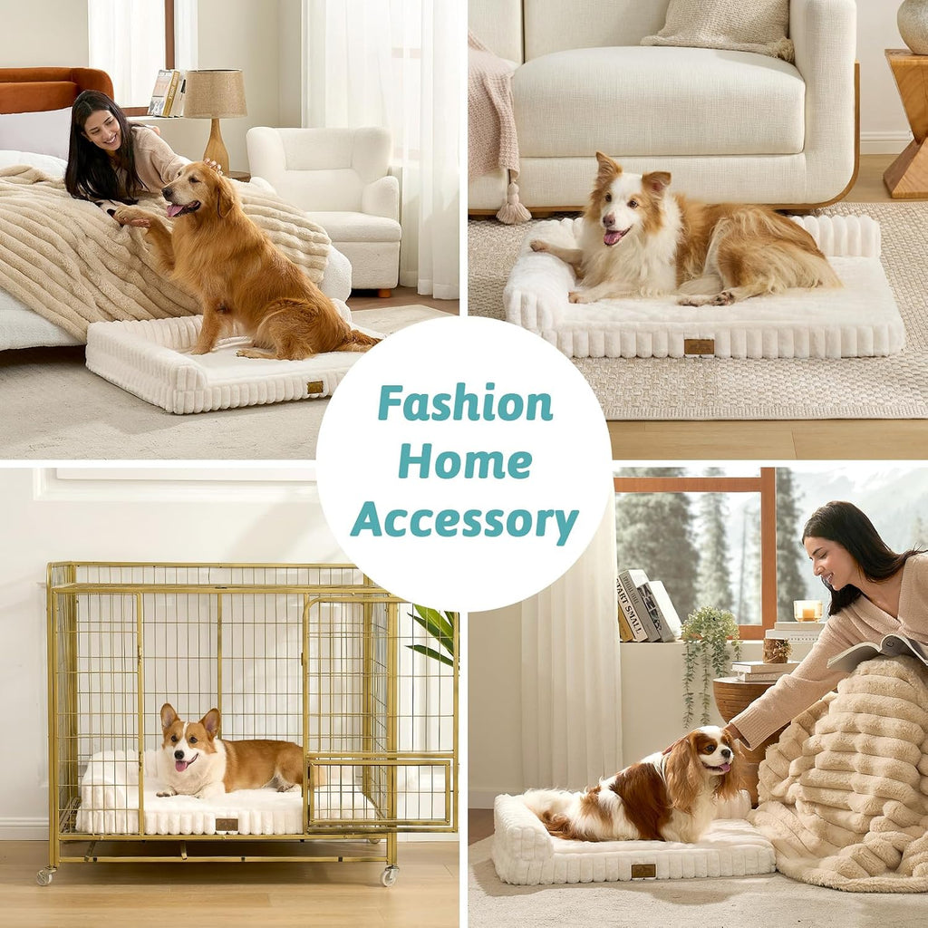 Faux Rabbit Fur Large Dog Bed - Orthopedic Foam Couch with Sides, Removable Washable Cover & Waterproof