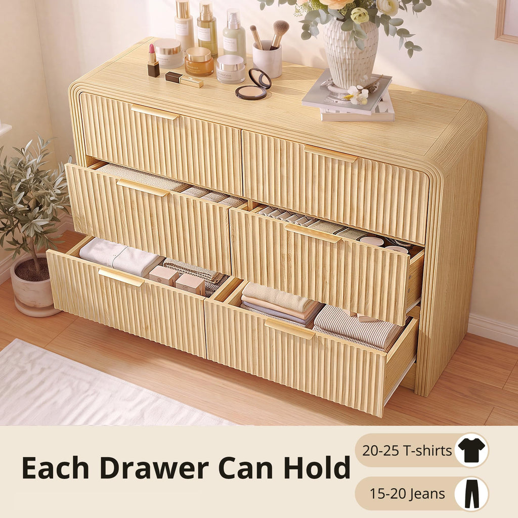 Fluted 6-Drawer Dresser Modern Wood Chest Organizer with Anti-Tip