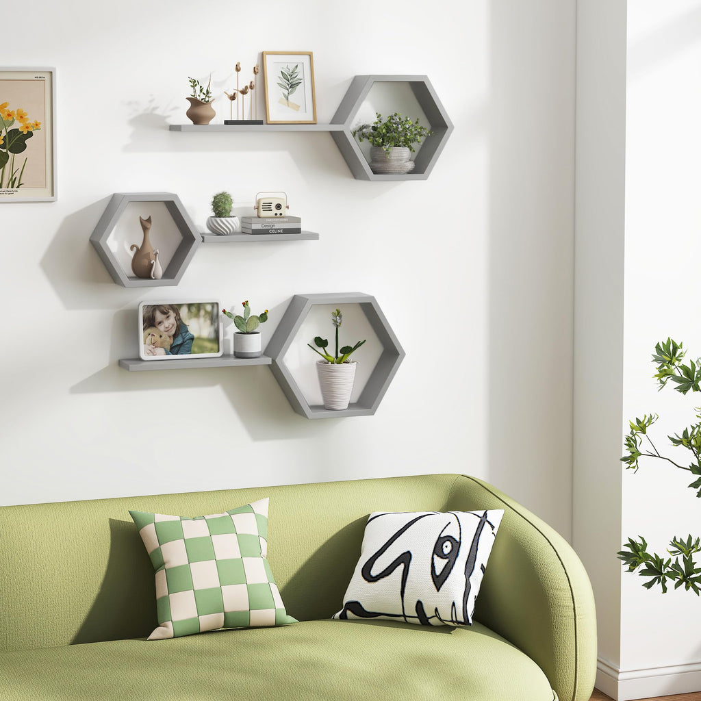 Wooden Hexagon Floating Shelves Wall Mounted, Set of 6 Pine Hexagon Shelves Display for Photos, Plants, Rustic Honeycomb