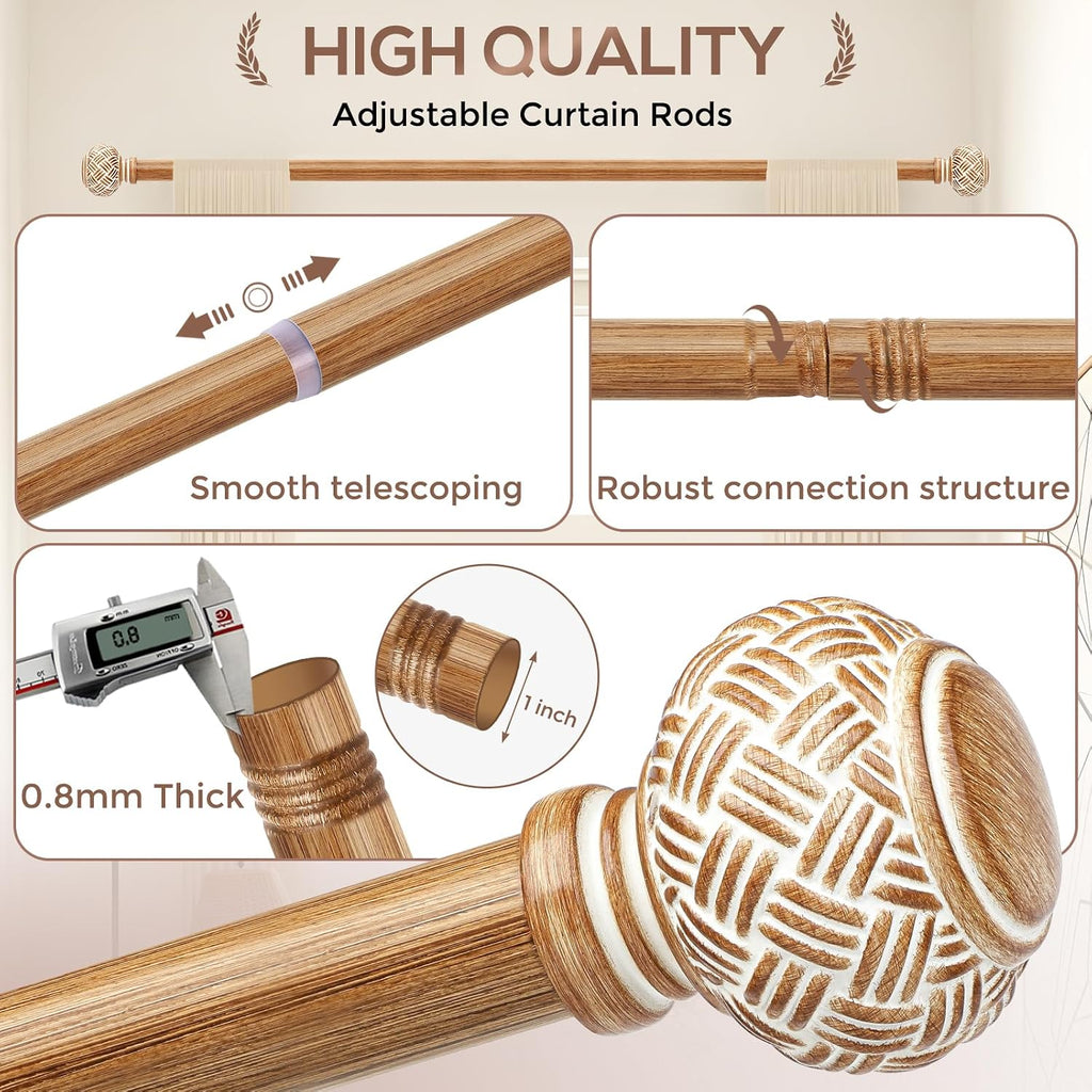 Boho Curtain Rods for Windows, Decorative 1'' Diameter Heavy Duty Adjustable Rustic Farmhouse Drapery