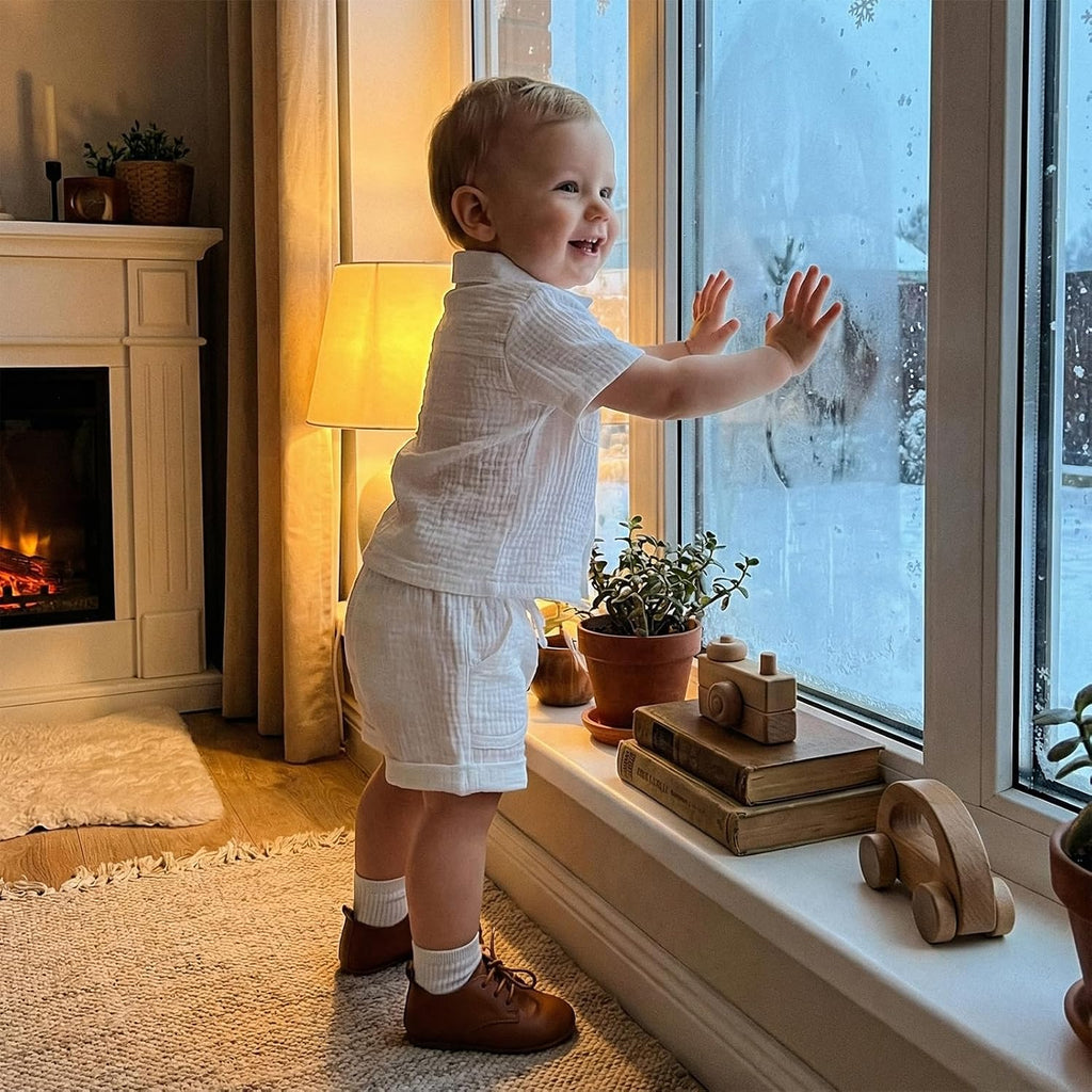 Baby Boys Button Down Shirt Tops + Shorts Infant Toddler Summer Outfit 2Pieces Cotton Gauze Clothes with Pockets