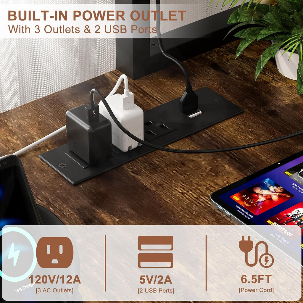 L Shaped Gaming Desk with Power Outlets & LED Lights, Rustic Brown | Small L- Shaped Desk Computer Corner Desk with
