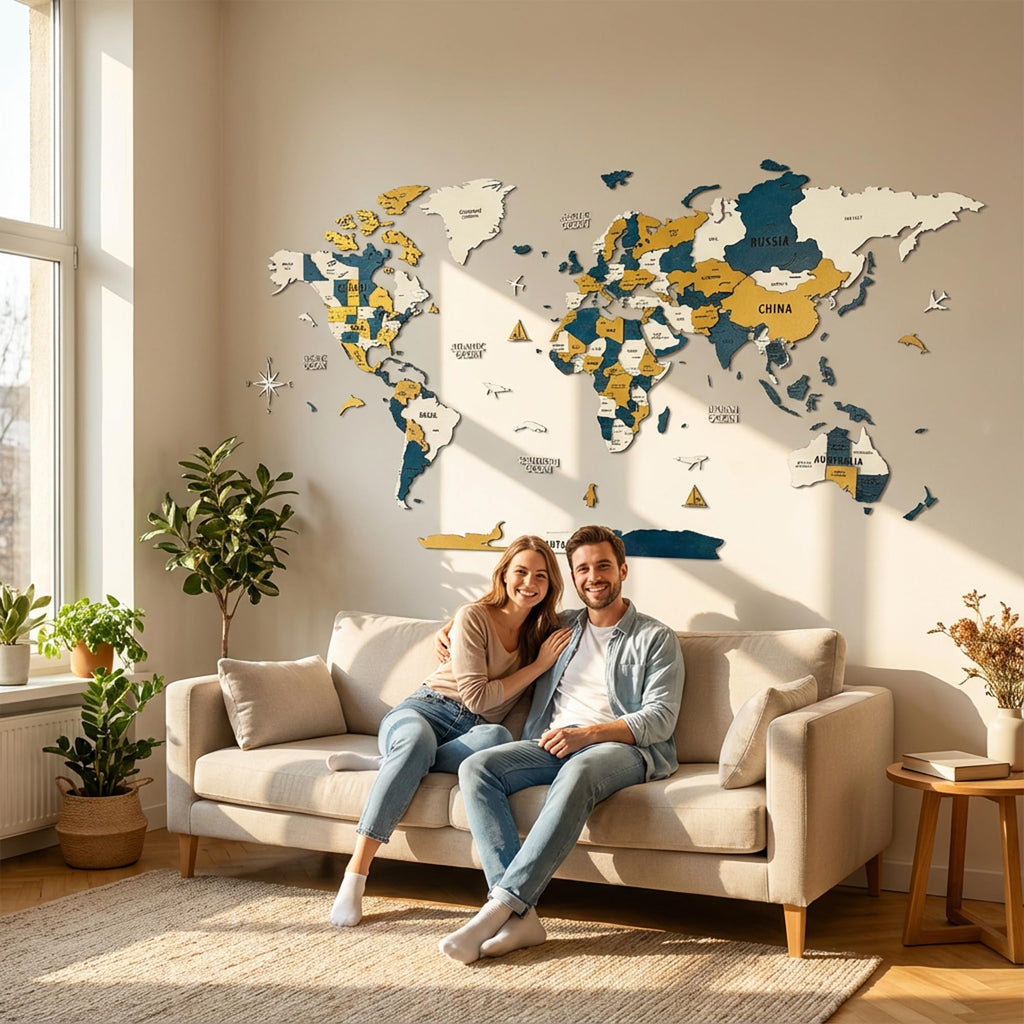 Layered 3D Wooden World Map Wall Art (XXL, Gold-Blue)
