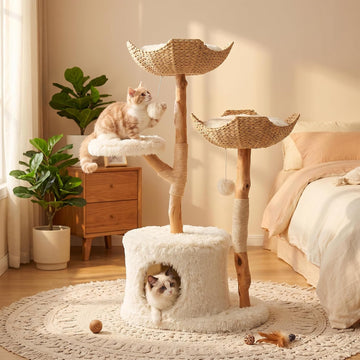 46.9-Inch Natural Wood Cat Tree with 2 Woven Baskets and Condo