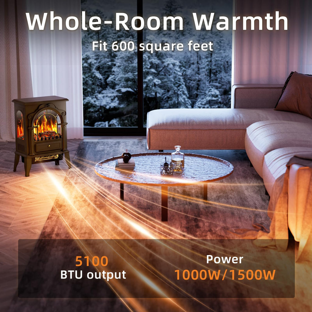 Freestanding Electric Fireplace Stove with 3D Flame Effect, Walnut