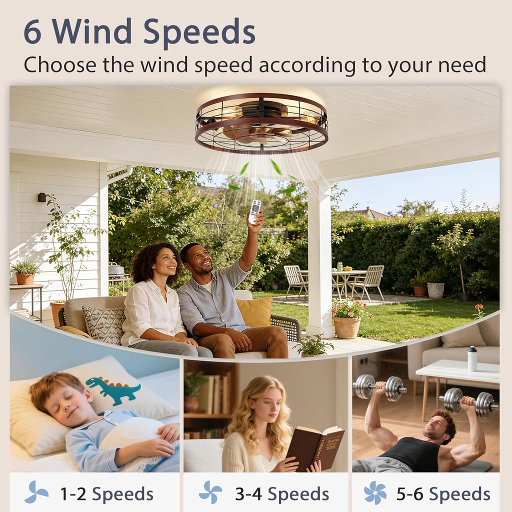 Farmhouse Caged Ceiling Fans with Lights Flush Mount, 23.6'' Rustic Low Profile Ceiling Fan with Light and Remote