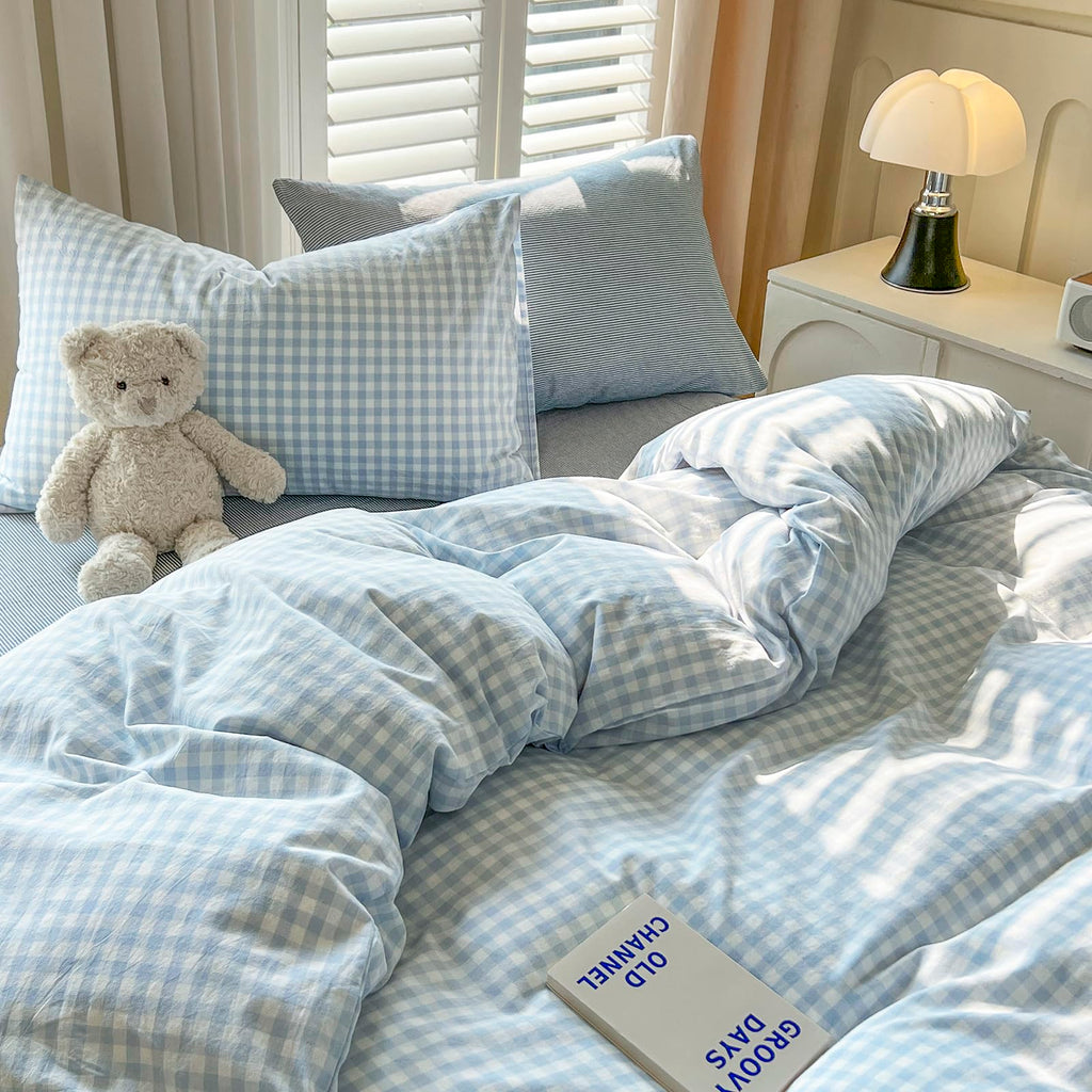 Blue Gingham Comforter Down Alternative Washed Cotton Bedding Set Boho Fluffy Cozy Cute Bedding Comforter Sets