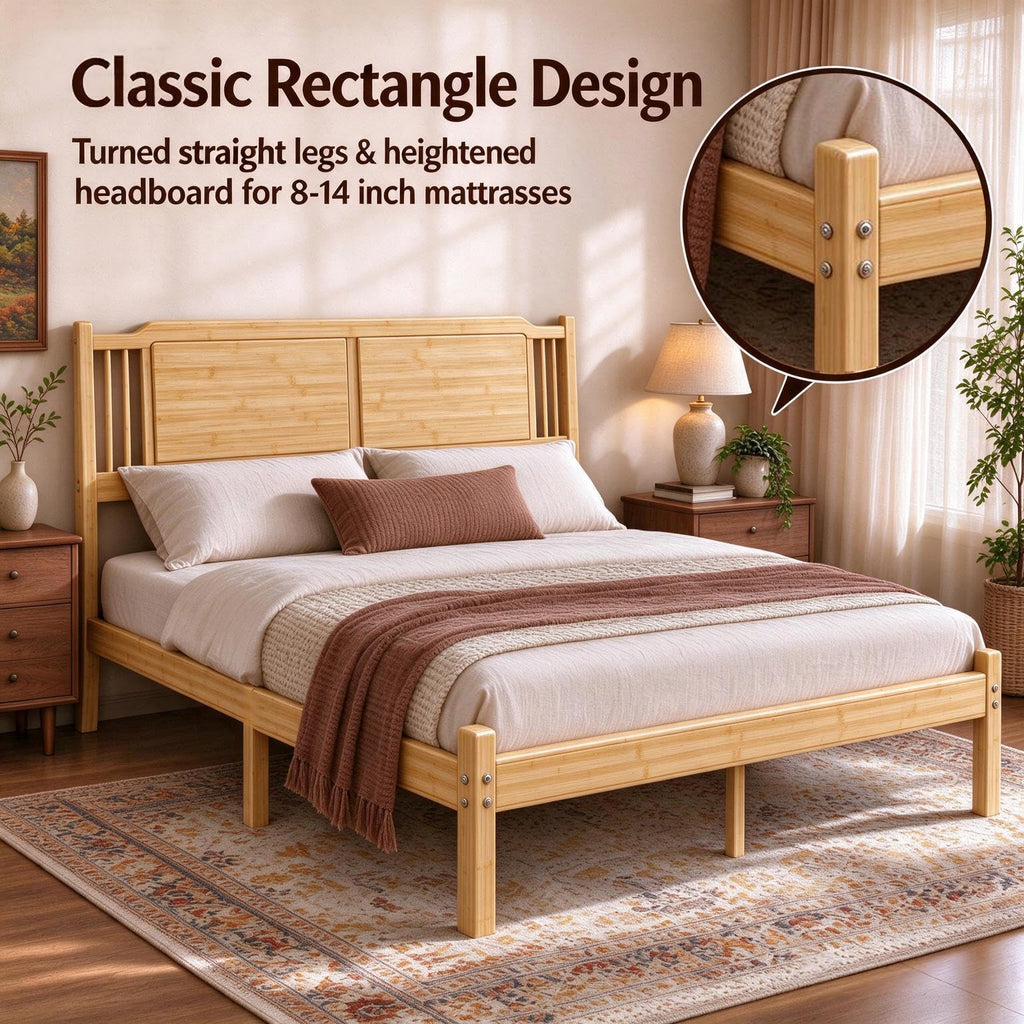 King Bamboo Bed Frame with Panel Headboard and Footboard, 14 Inch Platform Bed Frame with Metal Slat Support, No Box