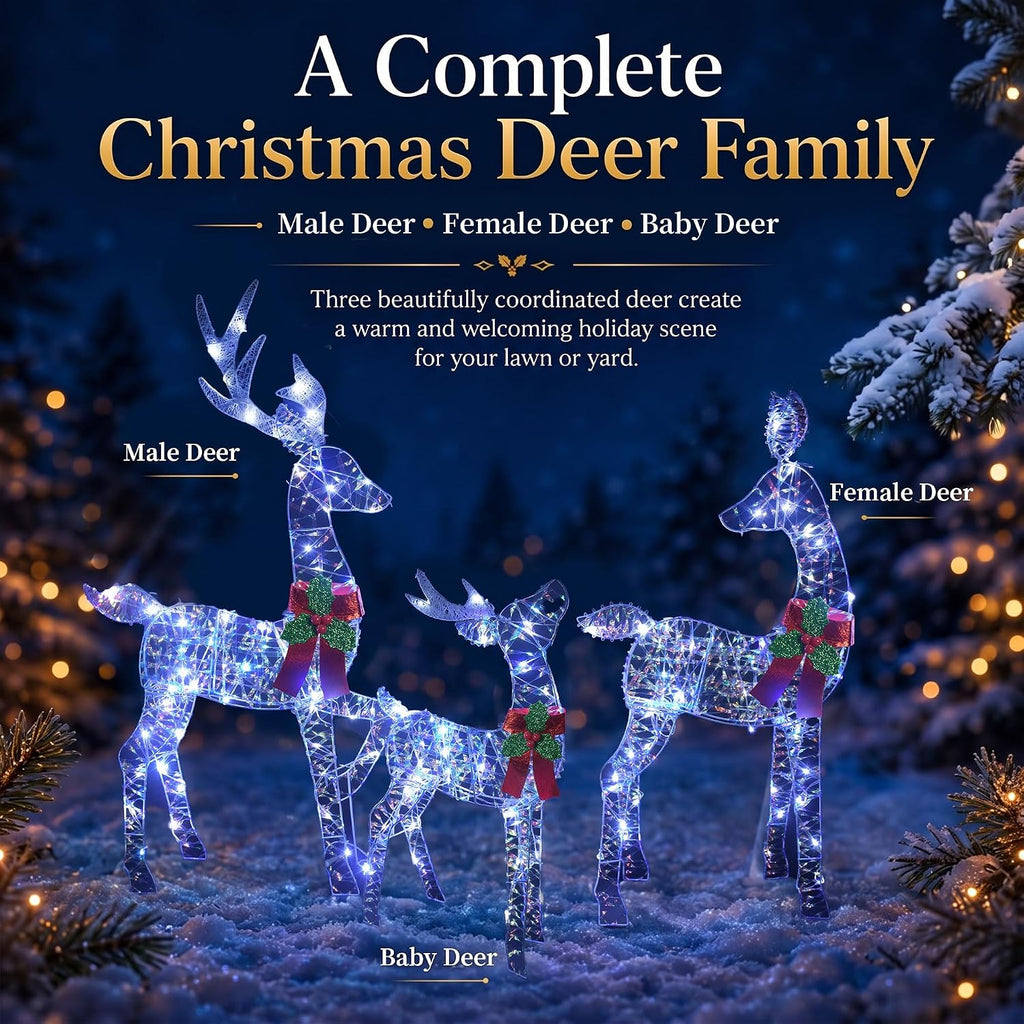3-Piece 48'' 2.5D Lighted Christmas Deer Family Set, Outdoor Yard Reindeer Decoration with 145 Cool White LEDs