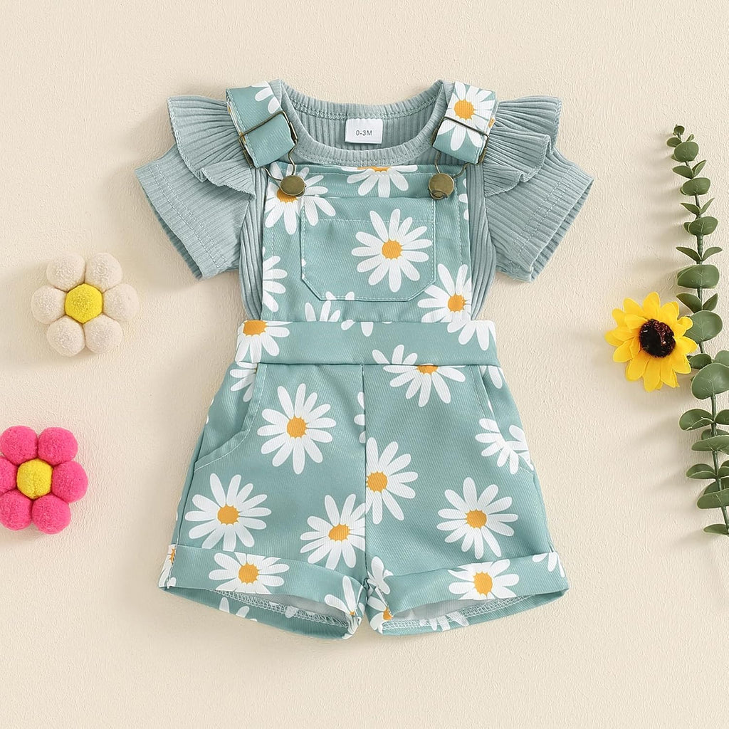 Newborn Baby Girl Clothes Summer Outfit Short Sleeve Ribbed Romper Floral Suspender Overalls Shorts Set