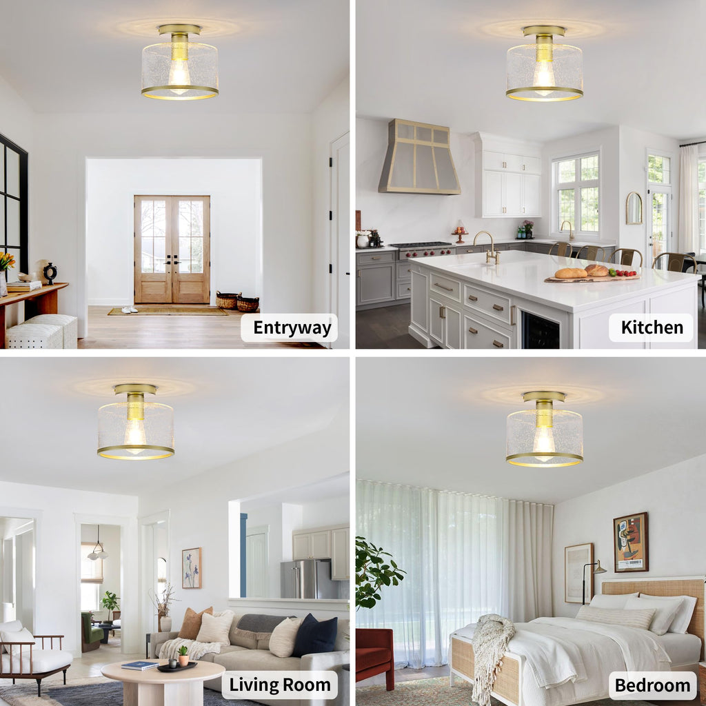 Modern Flush Mount Ceiling Light, Seeded Glass Ceiling Light Fixture, Gold Light Fixture