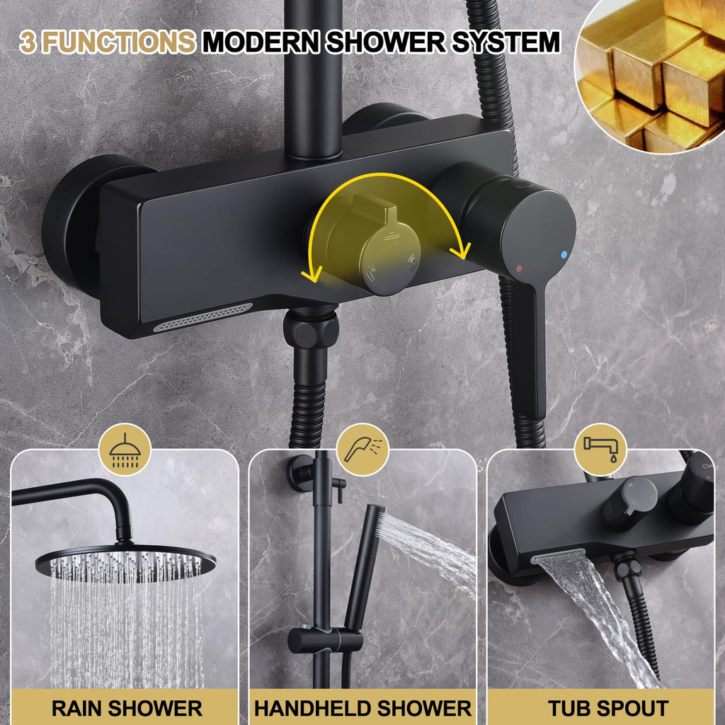 Matte Black Exposed Shower System with 2 Modes HandHeld,3 Functions Tub Shower Faucet Sets with Brass Valve, Shower