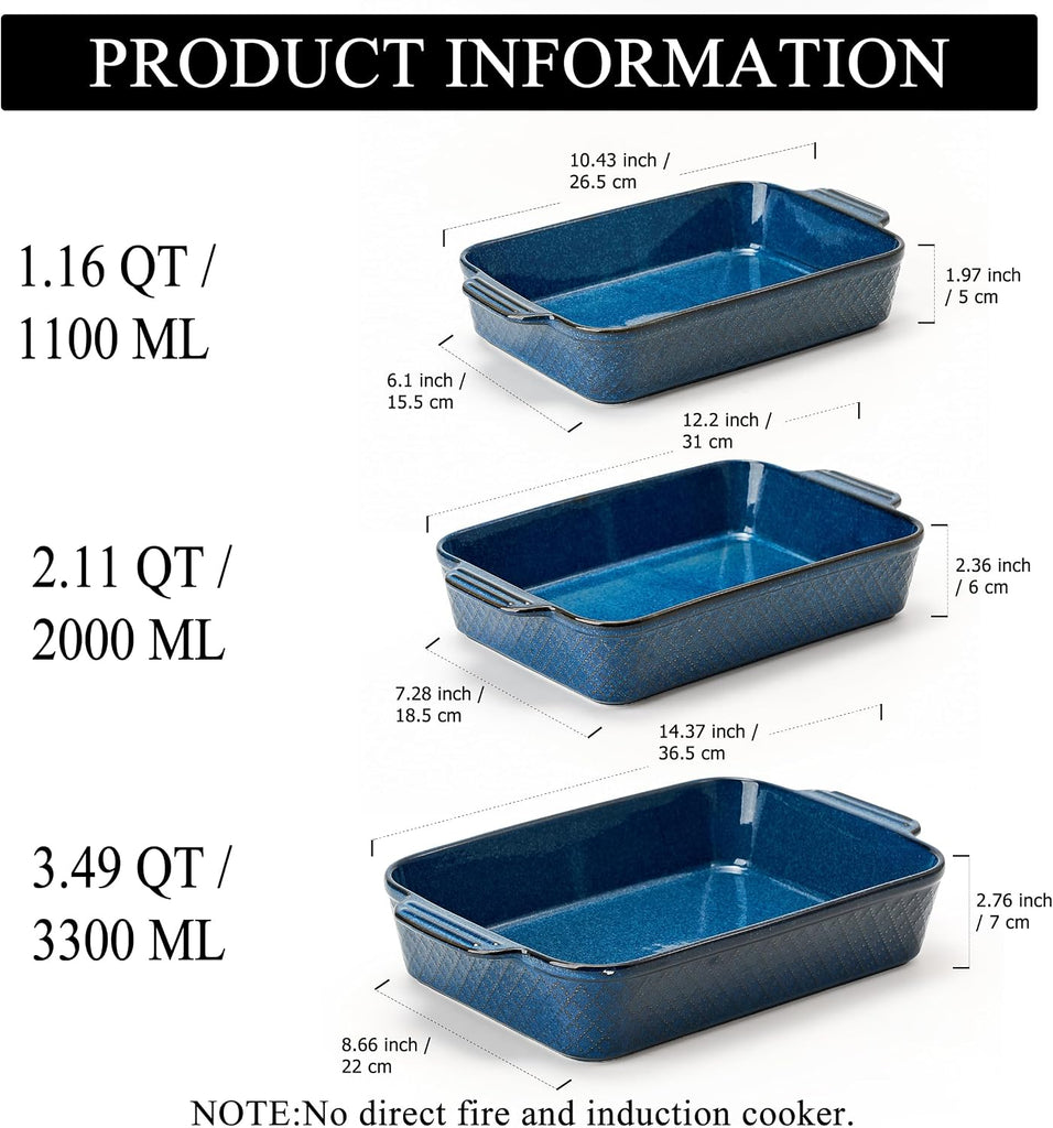Ceramic Dish Set of 3, Casserole Dishes for Oven, Square Porcelain Bakeware Set with Handles, Lasagna Pan for
