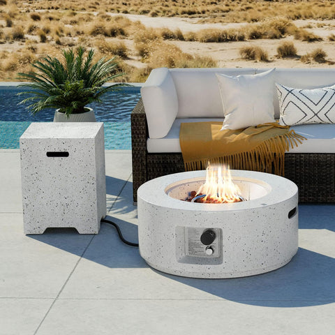 2-Piece Outdoor Propane Fire Pit Table Set w Tank Table, 28" Terrazzo Round Fire Table (Certified, 40,000 BTU) w 16" Tank Cover Side Table 20lb